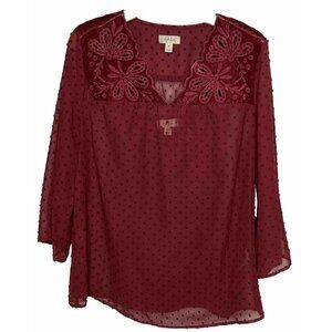 Style & Co NWT Womens Med Eyelet Red 2-pc 3/4 Bell Sleeve Velvet Sheer Tunic Top